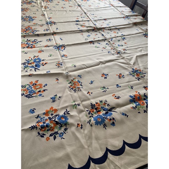 Vintage Mid-Century Tablecloth Flowers Floral Blue Orange 4'x5' Cottage Core - Picture 9 of 9